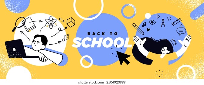 Back to school banner. Vector illustration of education, learning, back to school, online course and training, distance education and e-learning.