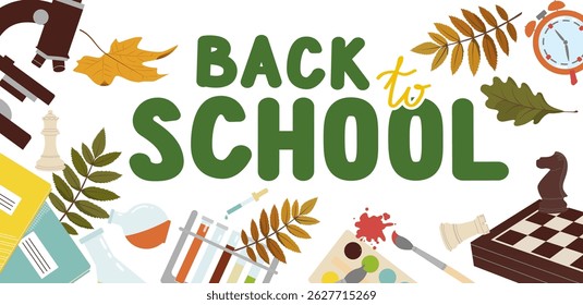 Back to school banner. Vector illustration with autumn leaves and school supplies. Educational banner, poster, flyer. Hand drawn