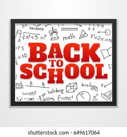 Back to school banner. Vector illustration card. Formulas sketch doodle background and frame