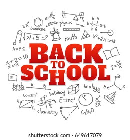 Back to school banner. Vector illustration card. Formulas sketch doodle background