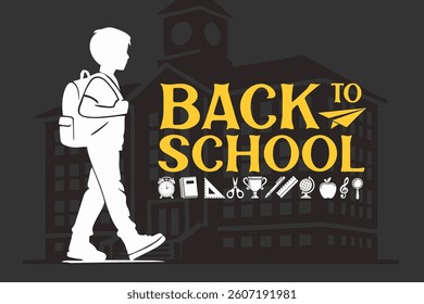 Back to school banner vector template design. Back to school greeting with student silhouettes, school building, and stationery icons. Vector illustration