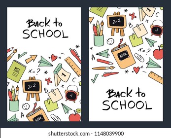 Back to school banner vertical templates. Design with hand lettering "Back to school". Ornament with scattered outline icons of notebook, book, pencil, pen, brush, apple, paper plane.