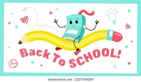 Back to School banner with wavy pencil flying in the sky and a book character which is riding it. Vector illustration for schools, websites and markets.