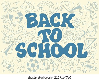 Back to School banner with wavy text and detailed school supplies background