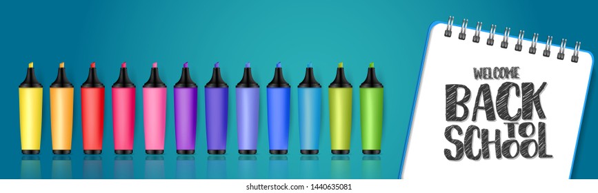 Back to school banner or website header with scribble typography and colorful markers standing on glass surface with reflection. Vector illustration.