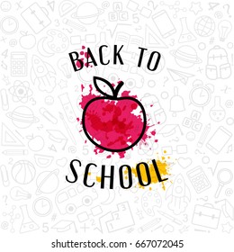 Back to School banner.  Welcome sign with apple on the texture from line art icons of education, science objects and office supplies. Creative design emblem on the doodle background.