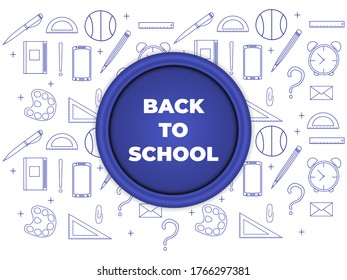 Back to school banner. White background with school supplies in blue on the theme of "back to school". Doodle hand drawn icons.