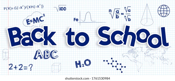 Back to school banner. White school paper with inscriptions. Vector illustration.