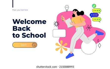 Back to School banner. Woman is running with pencil and notebook. Character illustration for design online classes or seminar banner, ads, landing page, application.