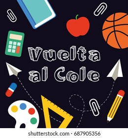 Back to School banner written in Spanish, vector illustration.