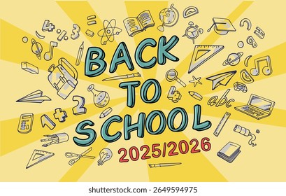 Back to school banner with yellow background. Vector illustration