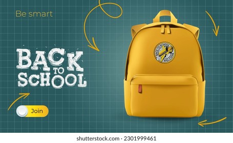 Back to school banner, yellow backpack and chalk lettering, vector illustration