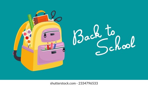 Cartel de regreso a la escuela. Mochila amarilla con material escolar en un fondo azul. Ilustración de dibujos animados