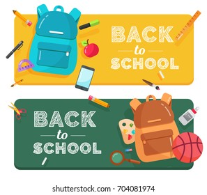Back to school banners with backpack, pencil, apple, mobilephone, pen, ball