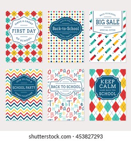 Back to school banners. Colorful templates for sale labels, school party invitations and holiday cards. Vector set.