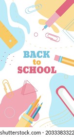 Back to school banners concept in pastel flat style, isolated on abstract colourful background. Vector illustration