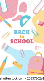 Back to school banners concept in pastel flat style, isolated on abstract colourful background. Vector illustration