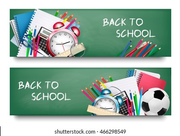 Back to school.Two banners with different supplies. Vector