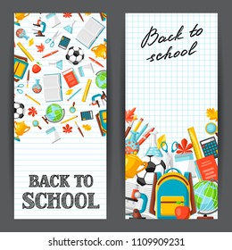 Back to school banners with education items. Illustration of colorful supplies and stationery.