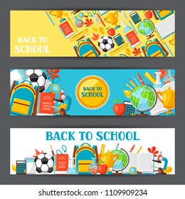 Back to school banners with education items. Illustration of colorful supplies and stationery.