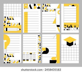 Back to school banners with geometric design. Modern posters with text back to school, pencil, light bulb, graduation cap and notebook sheet grid on background, vector banners set in geometric style