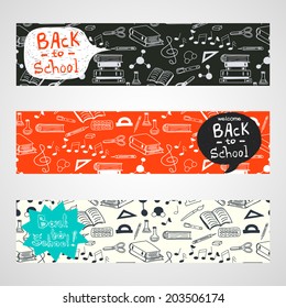 Back to School banners with hand drawn doodle notes, books, paint, pencil, molecules and text box for your message.