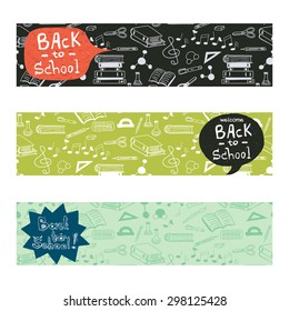 Back to School banners with hand drawn doodle notes, books, paint, pencil, molecules and text box for your message.