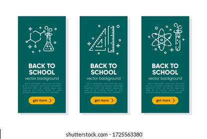 Back to school banners with icons of school supplies. Welcome back to school brochure. Green chalkboard background banner. Learning and education. Vector illustration, eps 10.