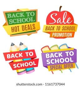 Back to school banners isolated on white background with desk, apple, pencils, books. Vector chalkboard and learning, hot deal and special offer illustration