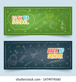 Back to school banners with multicolor chalk drawing of school and class elements on green and black textured chalkboard