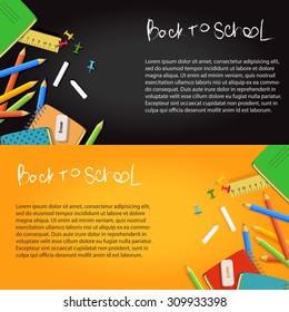 back to school banners on black and yellow background with school equipment