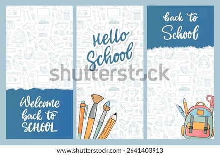 Back to school banners, posters, prints, cards, templates, bookmarks design decorated with lettering quotes and doodles. EPS 10