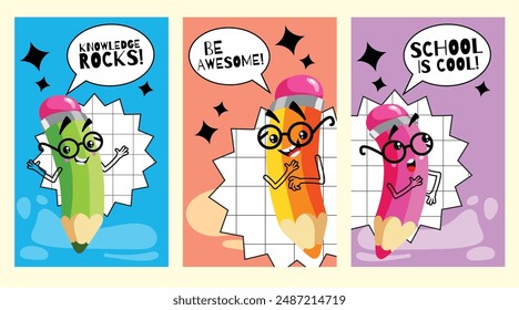 Back to school banners, posters set. Color pencils with speech bubbles. Groovy vintage design template. Vector illustrations.