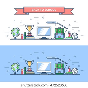 Back to school banners. Scene from school items. Education concept. Set of school elements: computer, backpack, globe, books, cup etc. Vector thin line illustration.