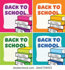 Anuncios de regreso a la escuela en 4 colores con pila de libros. Adecuado para publicidad, Diseño web, redes sociales, impresión, carteles, volantes, recursos educativos y promociones.