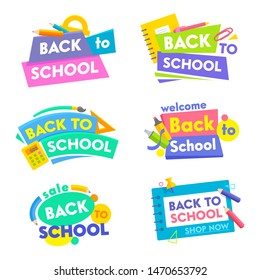 Back to School Banners Set. Colorful Tags Icons or Stickers with Title and Elements Typography and Studying Supplies. Poster for Retail Marketing Promotion Education Ad. Cartoon Vector Illustration