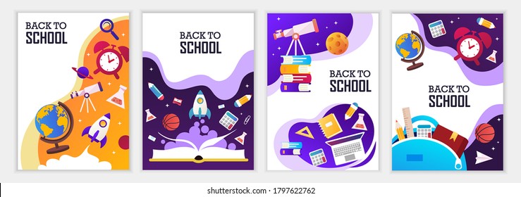 Back to school banners. Set of colorful templates for banners, posters, flyers, covers, invitations, brochures. Vector cartoon illustration. Back to school design. 