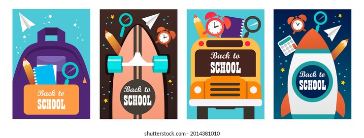 Back to school banners. Set of colorful templates for banners, posters, flyers, covers, invitations, brochures. Vector cartoon illustration. Back to school design.	
Backpack, skateboard, school bus. 