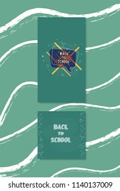 Back to school banners set with green chalkboards. Templates for season promotion cards and social media networks. Education covers. Templates for story and post with decoration. Vector illustration. 