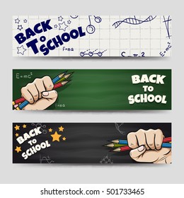 Back to school banners set. Horizontal banners with school elements vector illustration