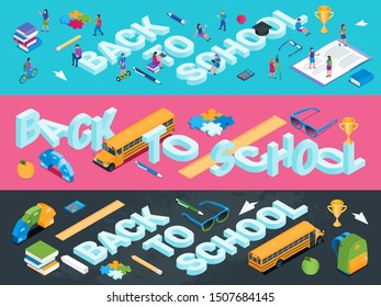 Back to school banners set. Images of children, students and miniature people. Words surrounded with layout of school stationery. Isometric vector illustration
