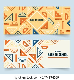 Back to school banners with simplified rulers, semicircle protractors and triangular set squares on plain background