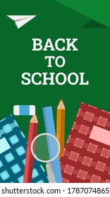 de vuelta a los carteles escolares, decoración de estuco escolar con diseño vectorial de fondo verde oscuro