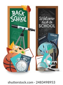 Anuncios de regreso a la escuela con útiles escolares, incluyendo baloncesto, telescopio, libros y hojas de otoño, celebrando el comienzo del año escolar. Tarjetas educativas, marcadores o volantes de Vertical de Vector