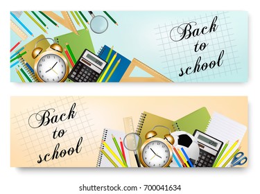 Back To School Banners With Supplies Tool. Layered Vector. 