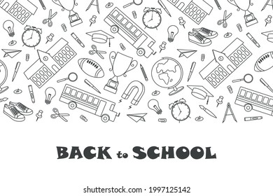 Back to school banners template with hand drawn school supplies. Vector illustration in Doodle style. Black elements on a white background.