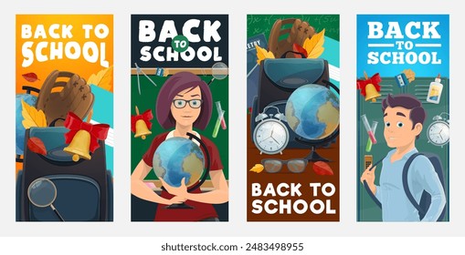 Back to school banners, vector cards with school supplies, student and teacher with autumn leaves, globe, rucksack and a bell, baseball glove and alarm clock, promoting the start of the school year