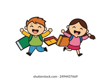 Back to School Bash: Happy Students with Books and Backpacks Vector Illustration, Cartoon, Clipart, and Line Art Design