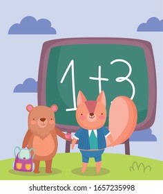 back to school, bear with bag and squirrel chalkboard outdoor vector illustration