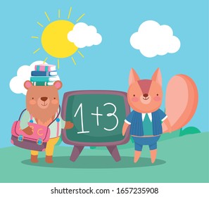 back to school, bear with books on head and squirrel chalkboard backpack vector illustration